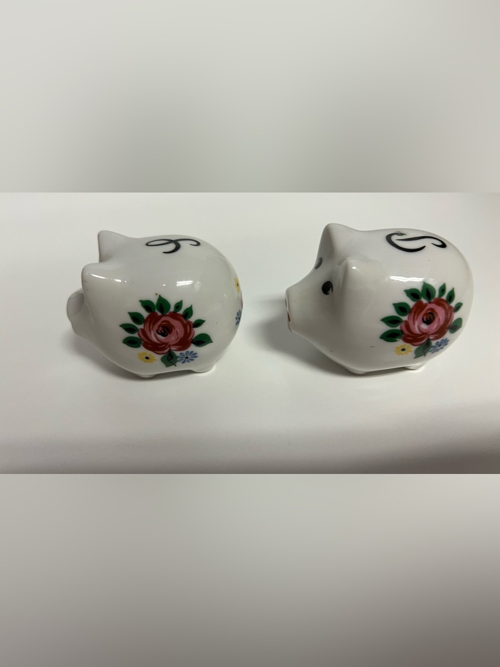 Vintage White Floral Ceramic Pig Salt and Pepper Shaker Set